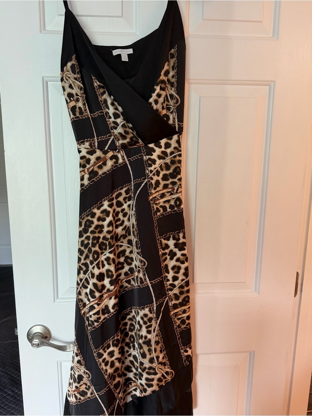 New York & Company Black & Brown Leopard Chain Print Slip Maxi Dress